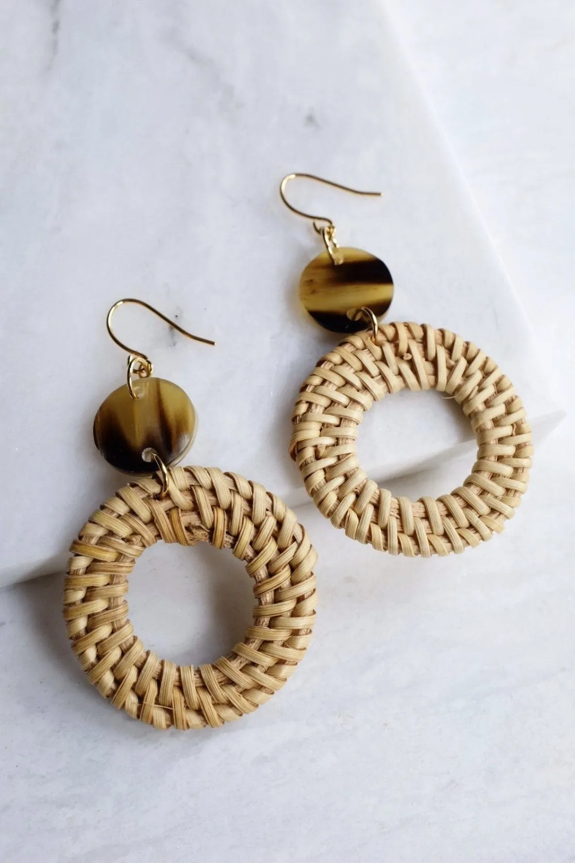 Nam Dinh 16K Gold Plated Natural Rattan (Straw/Wicker) & Brown Buffalo Horns Earrings