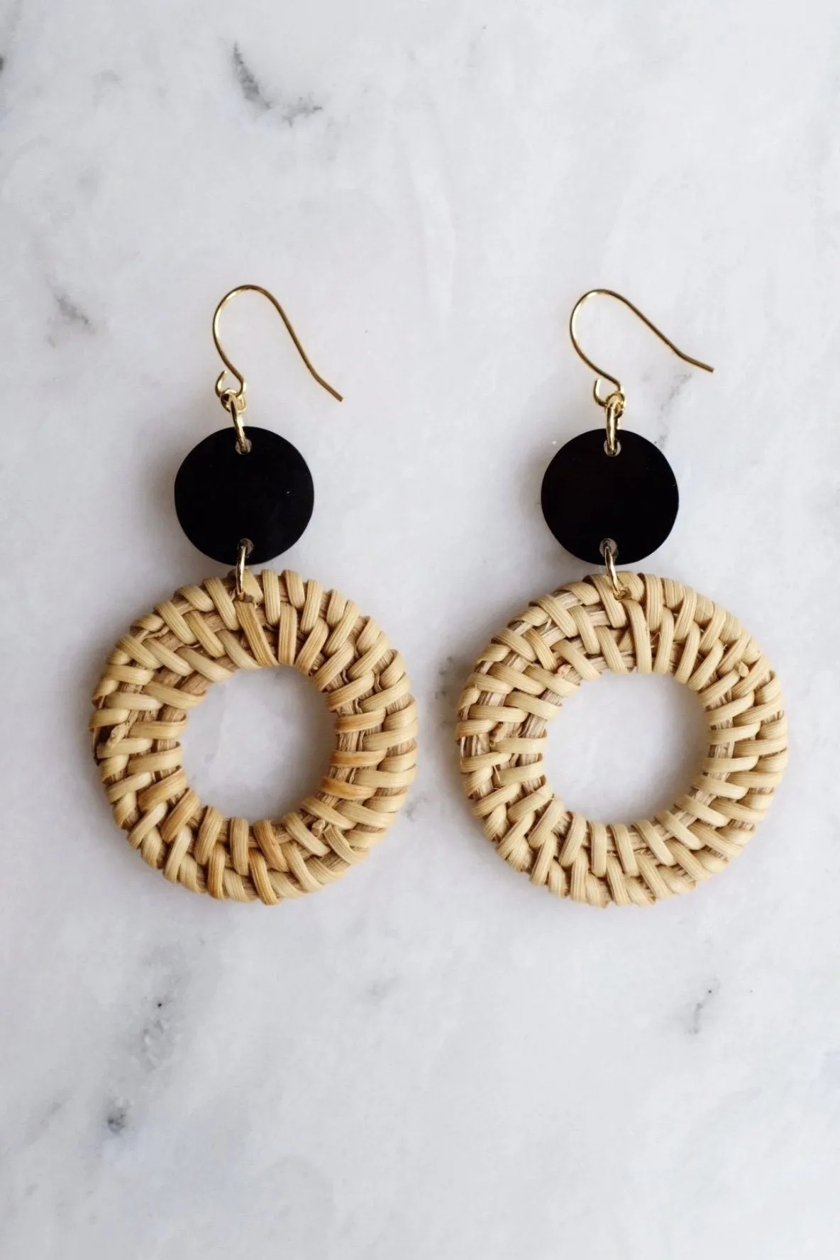 Nam Dinh 16K Gold Plated Natural Rattan (Straw/Wicker) & Solid Black Buffalo Horns Earrings
