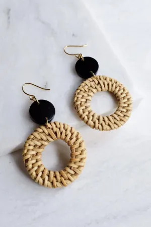 Nam Dinh 16K Gold Plated Natural Rattan (Straw/Wicker) & Solid Black Buffalo Horns Earrings