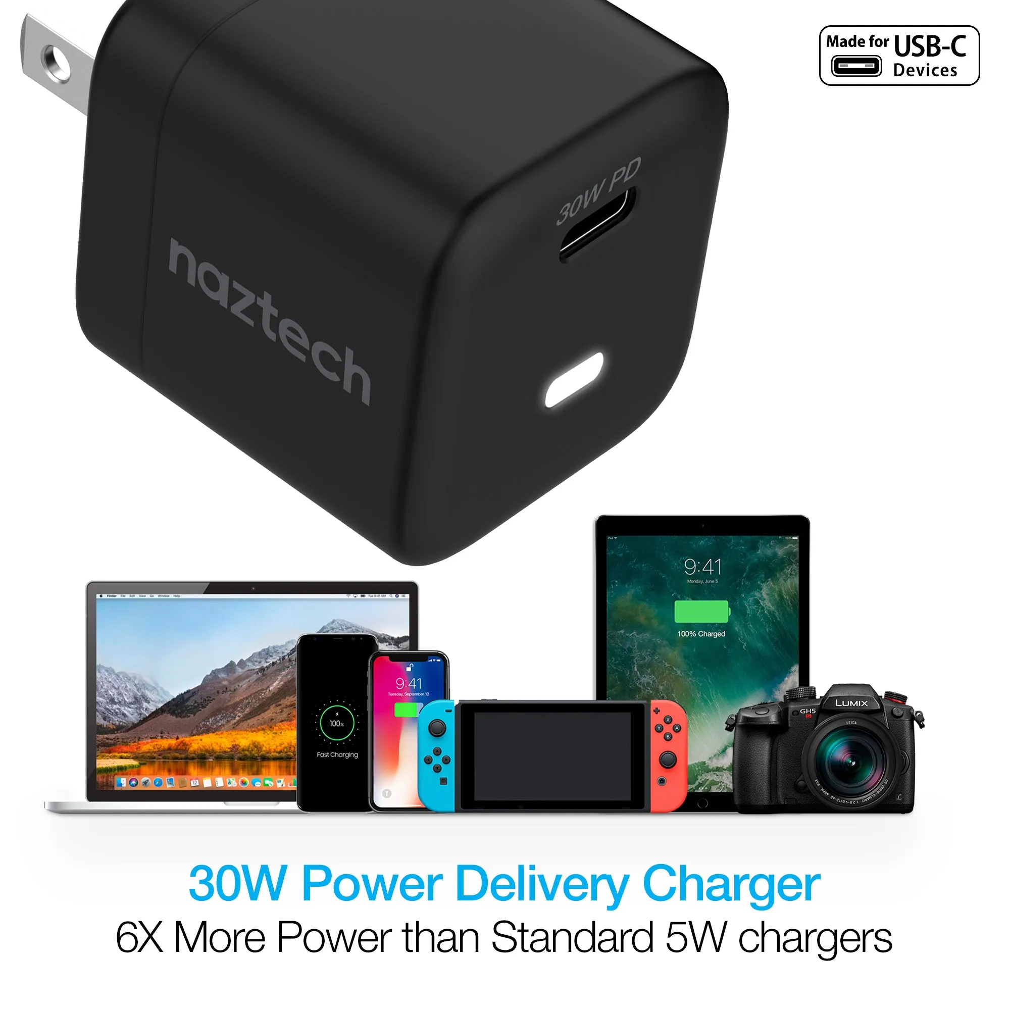 Naztech 30W USB-C PD Fast Wall Charger   USB-C to USB-C Cable 4ft - Black