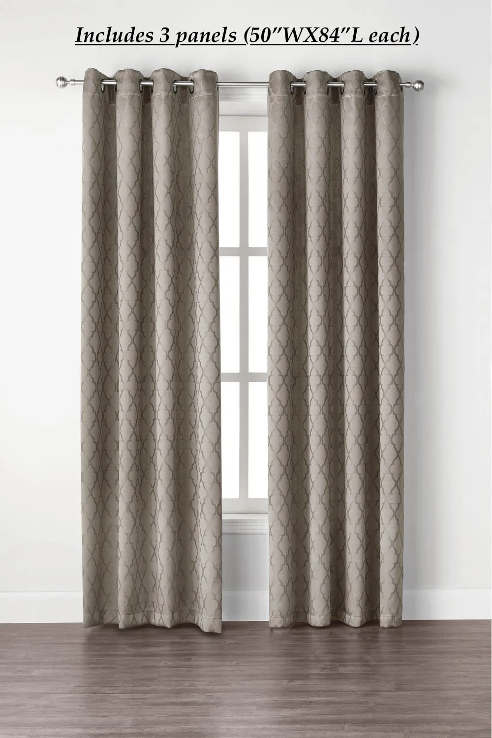 New Mainstays Lattice Jacquard Window Curtains in Taupe, includes 3 Panels 50"W X 84" L each!