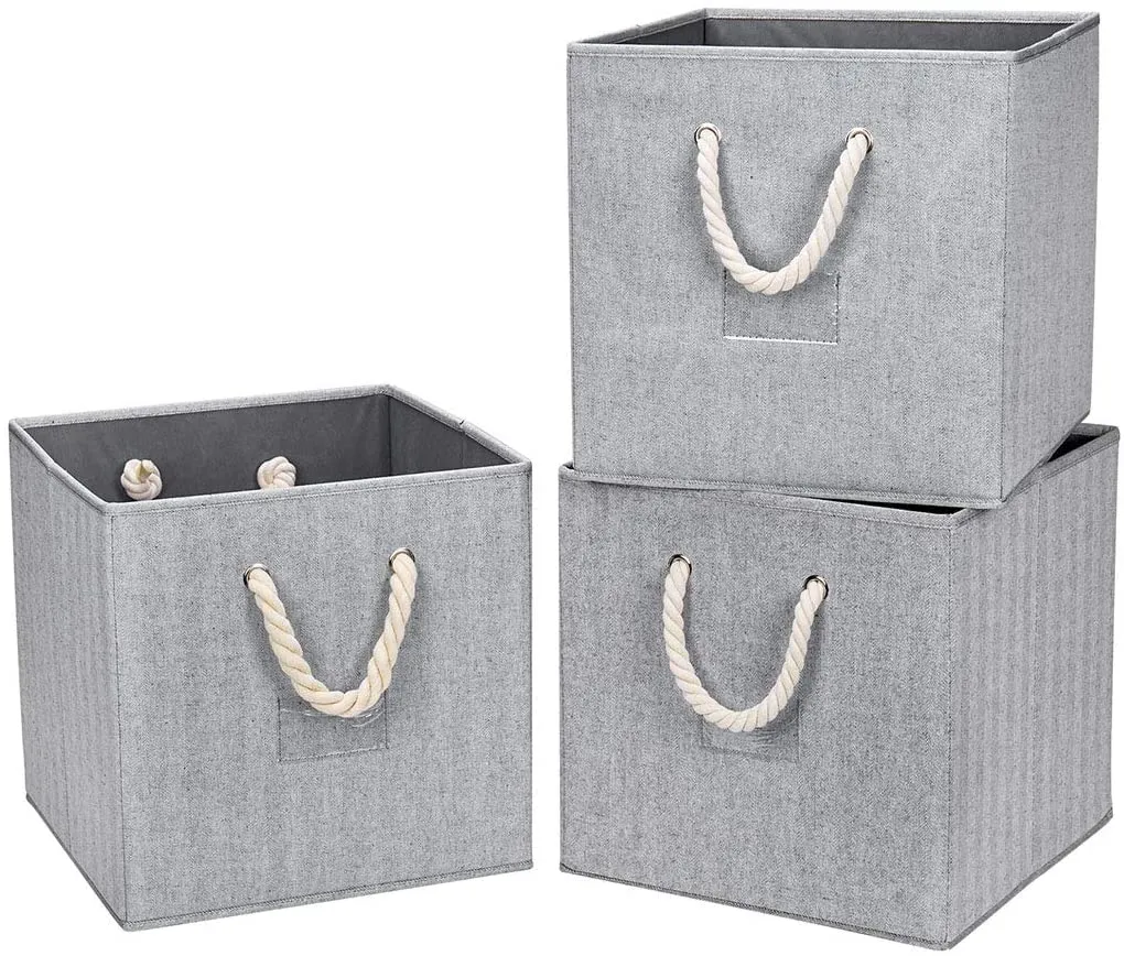 New Robuy Collapsible Gray Storage Bins Pack of 3 Linen Fabric Foldable Storage Box Containers Organizer with Strong Cotton Rope, Retails $91 