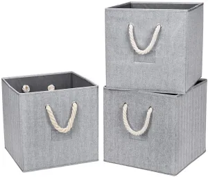 New Robuy Collapsible Gray Storage Bins Pack of 3 Linen Fabric Foldable Storage Box Containers Organizer with Strong Cotton Rope, Retails $91 