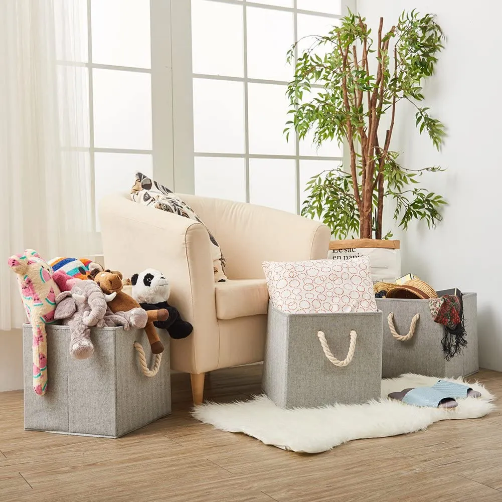 New Robuy Collapsible Gray Storage Bins Pack of 3 Linen Fabric Foldable Storage Box Containers Organizer with Strong Cotton Rope, Retails $91 