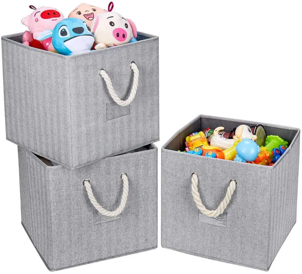New Robuy Collapsible Gray Storage Bins Pack of 3 Linen Fabric Foldable Storage Box Containers Organizer with Strong Cotton Rope, Retails $91 