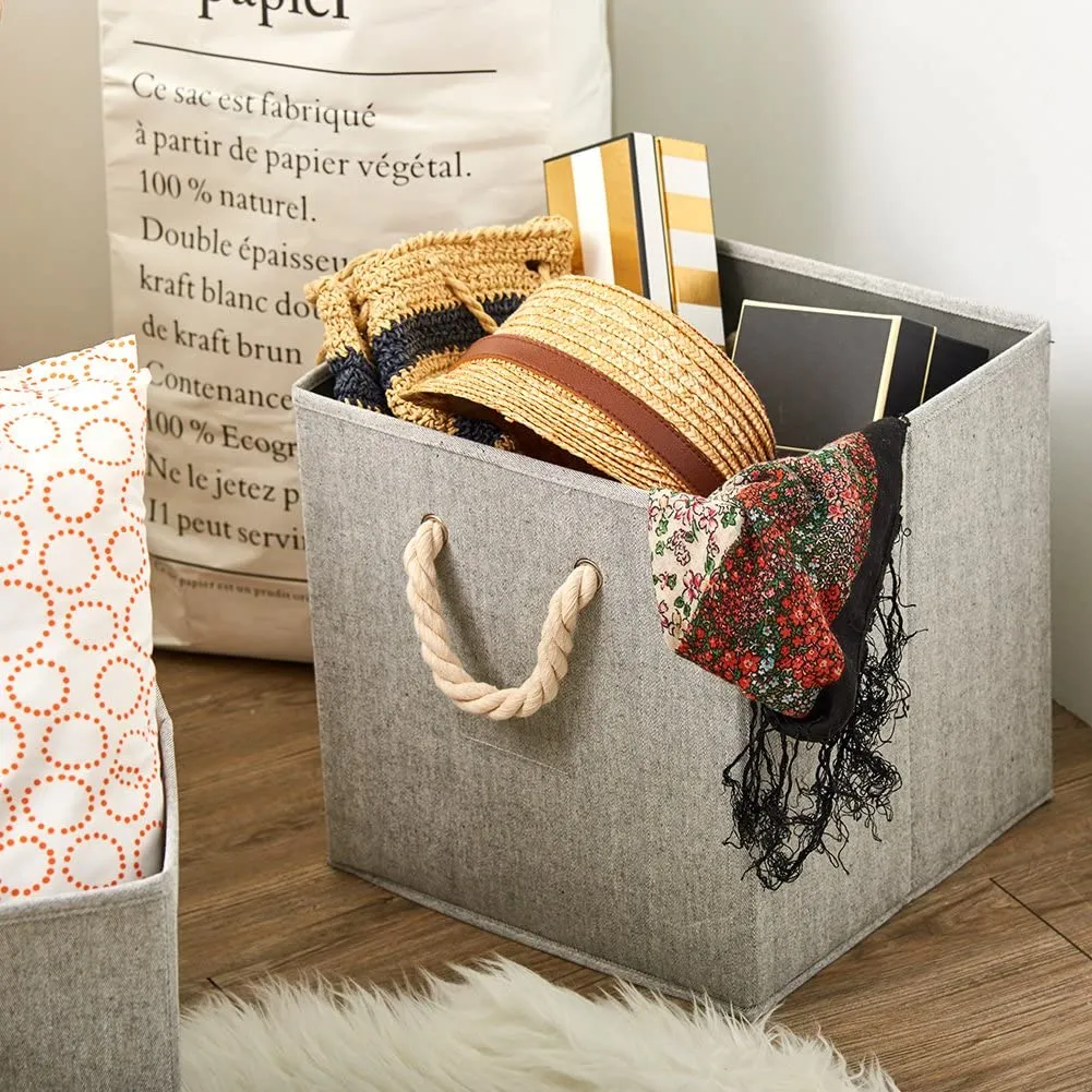 New Robuy Collapsible Gray Storage Bins Pack of 3 Linen Fabric Foldable Storage Box Containers Organizer with Strong Cotton Rope, Retails $91 