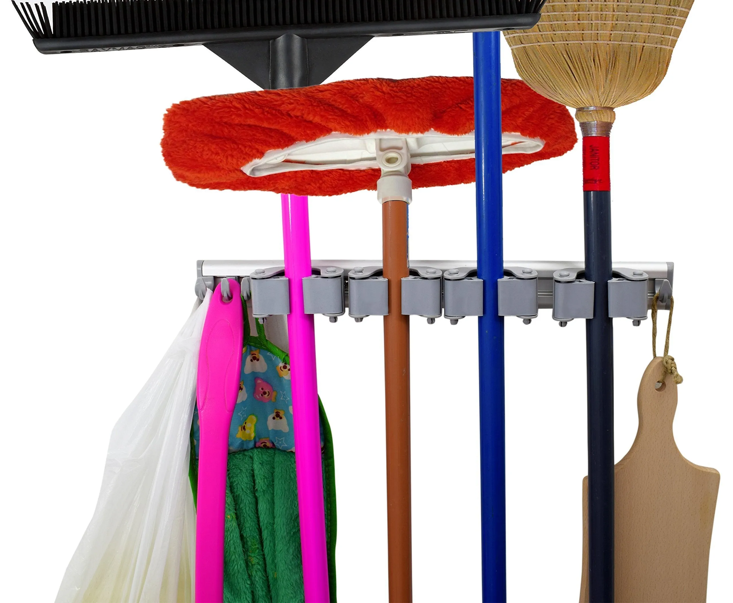 Not Yet Another Mop and Broom Holder, 2 Hangers Pack, 3 Sliding Grippers   4 Hooks Each, Extra Space in Between, Clips Hold Everything Better Than Rollers, Wall Mount on Aluminum Rack by 2 Screws Only