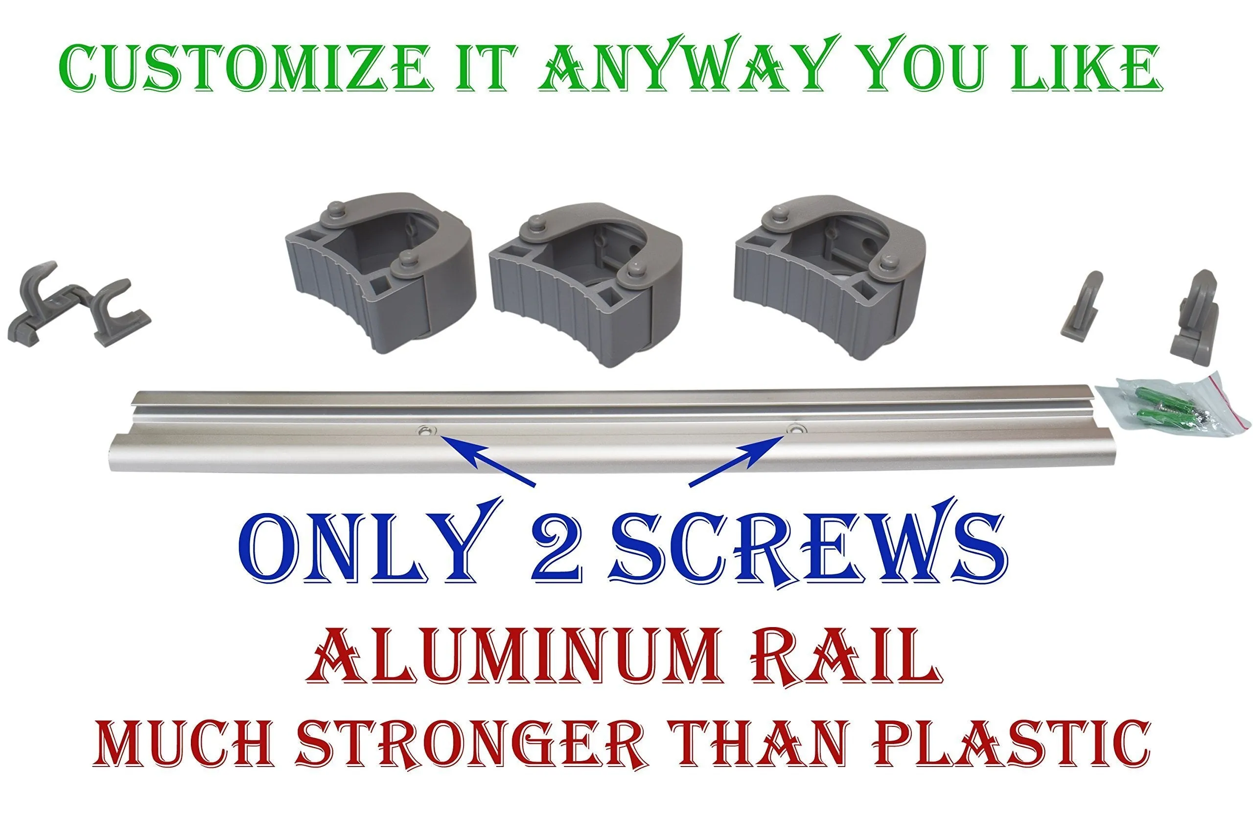 Not Yet Another Mop and Broom Holder, 2 Hangers Pack, 3 Sliding Grippers   4 Hooks Each, Extra Space in Between, Clips Hold Everything Better Than Rollers, Wall Mount on Aluminum Rack by 2 Screws Only