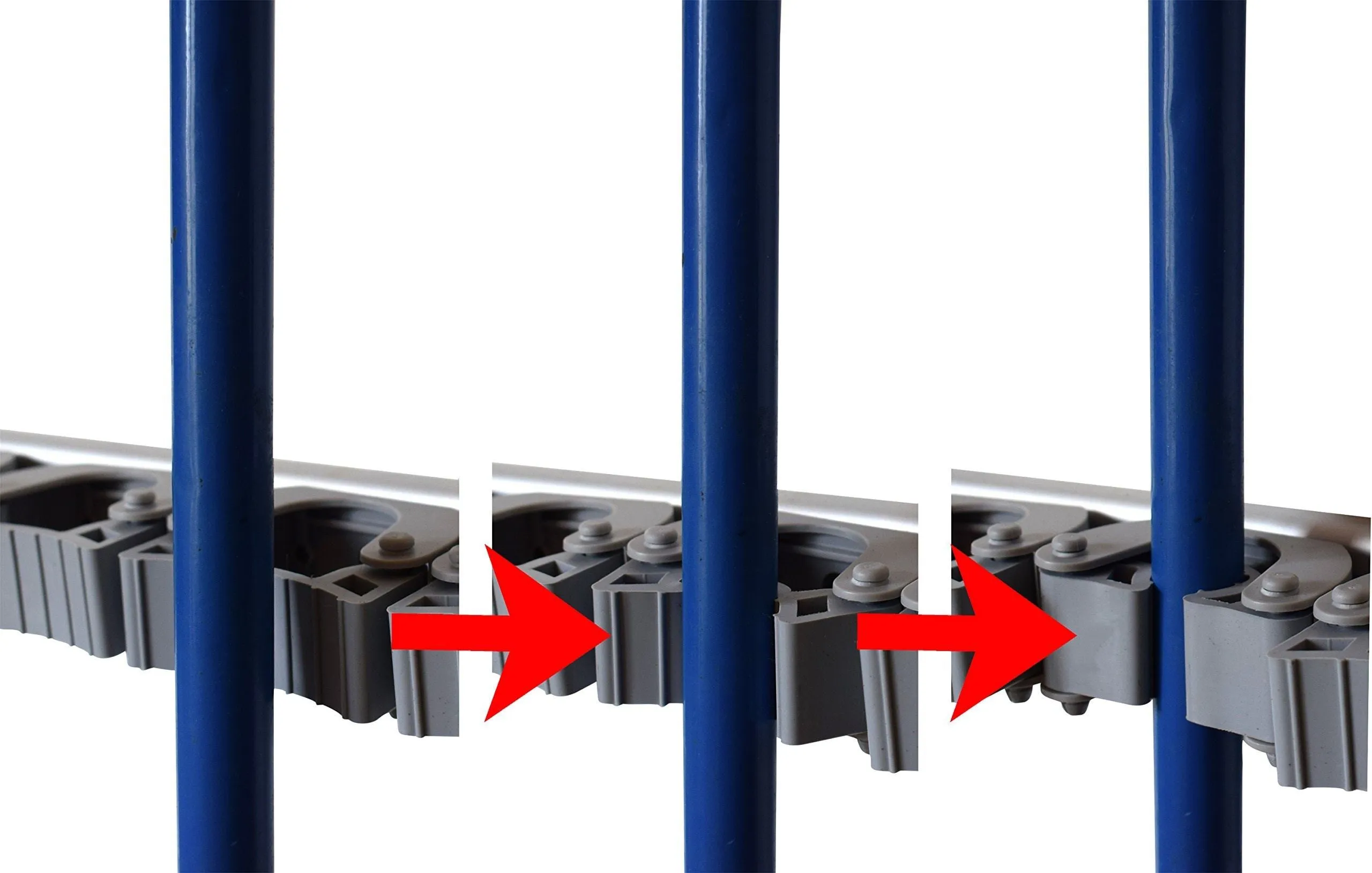 Not Yet Another Mop and Broom Holder, 2 Hangers Pack, 3 Sliding Grippers   4 Hooks Each, Extra Space in Between, Clips Hold Everything Better Than Rollers, Wall Mount on Aluminum Rack by 2 Screws Only