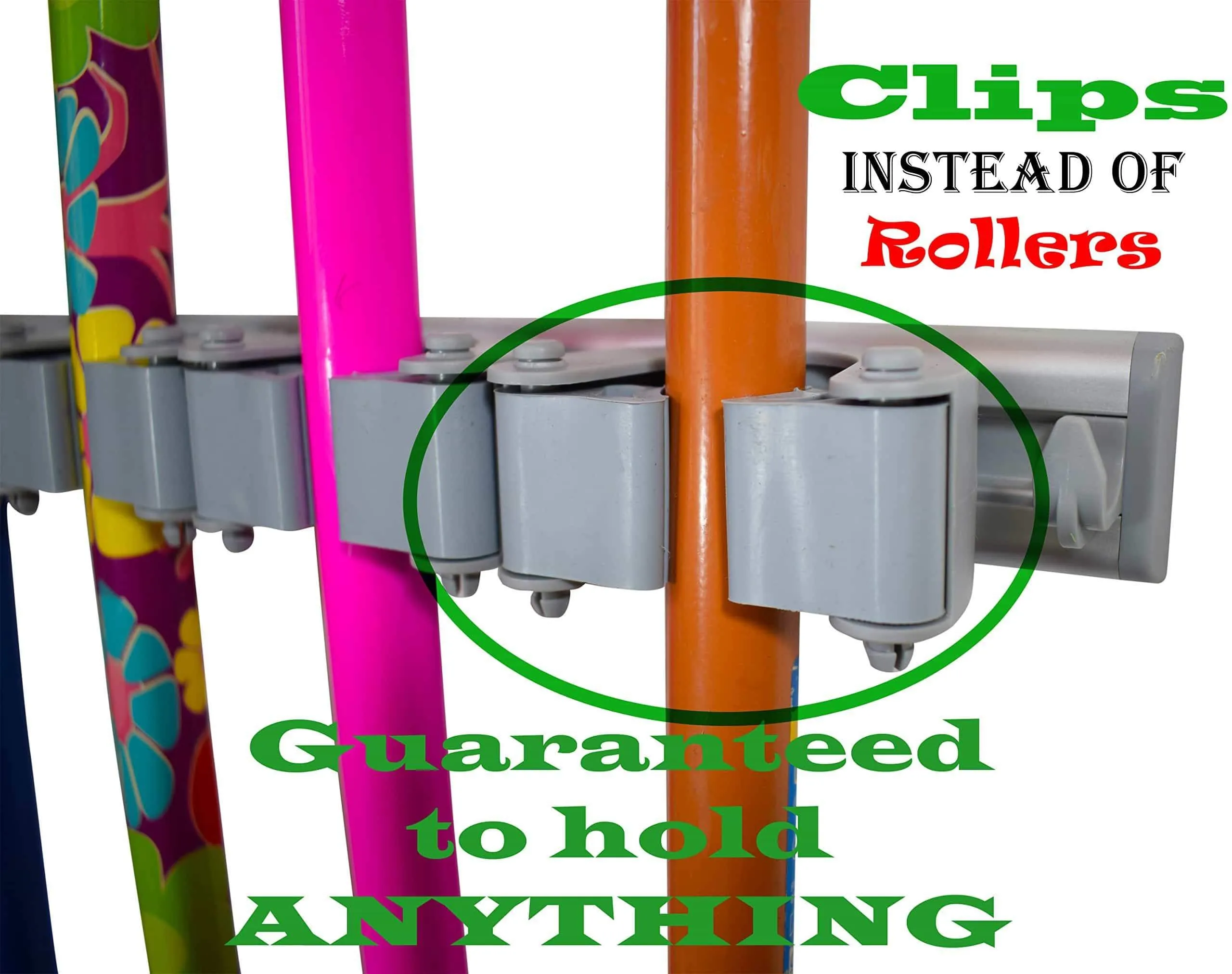 Not Yet Another Mop and Broom Holder, 2 Hangers Pack, 3 Sliding Grippers   4 Hooks Each, Extra Space in Between, Clips Hold Everything Better Than Rollers, Wall Mount on Aluminum Rack by 2 Screws Only