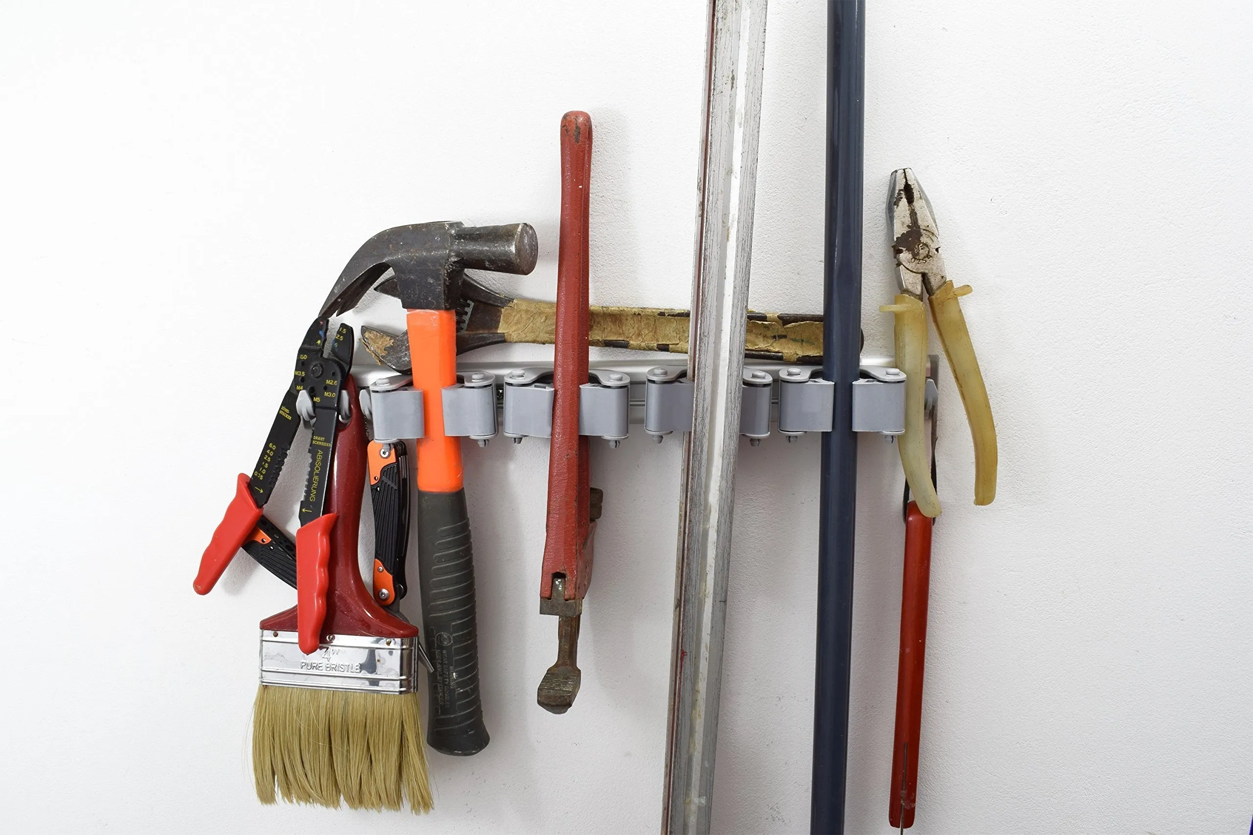 Not Yet Another Mop and Broom Holder, 2 Hangers Pack, 3 Sliding Grippers   4 Hooks Each, Extra Space in Between, Clips Hold Everything Better Than Rollers, Wall Mount on Aluminum Rack by 2 Screws Only