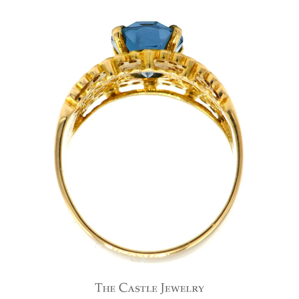 Oval Blue Topaz Open Lattice Ring with Diamond Accented Edges in 14k Yellow Gold