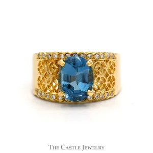Oval Blue Topaz Open Lattice Ring with Diamond Accented Edges in 14k Yellow Gold