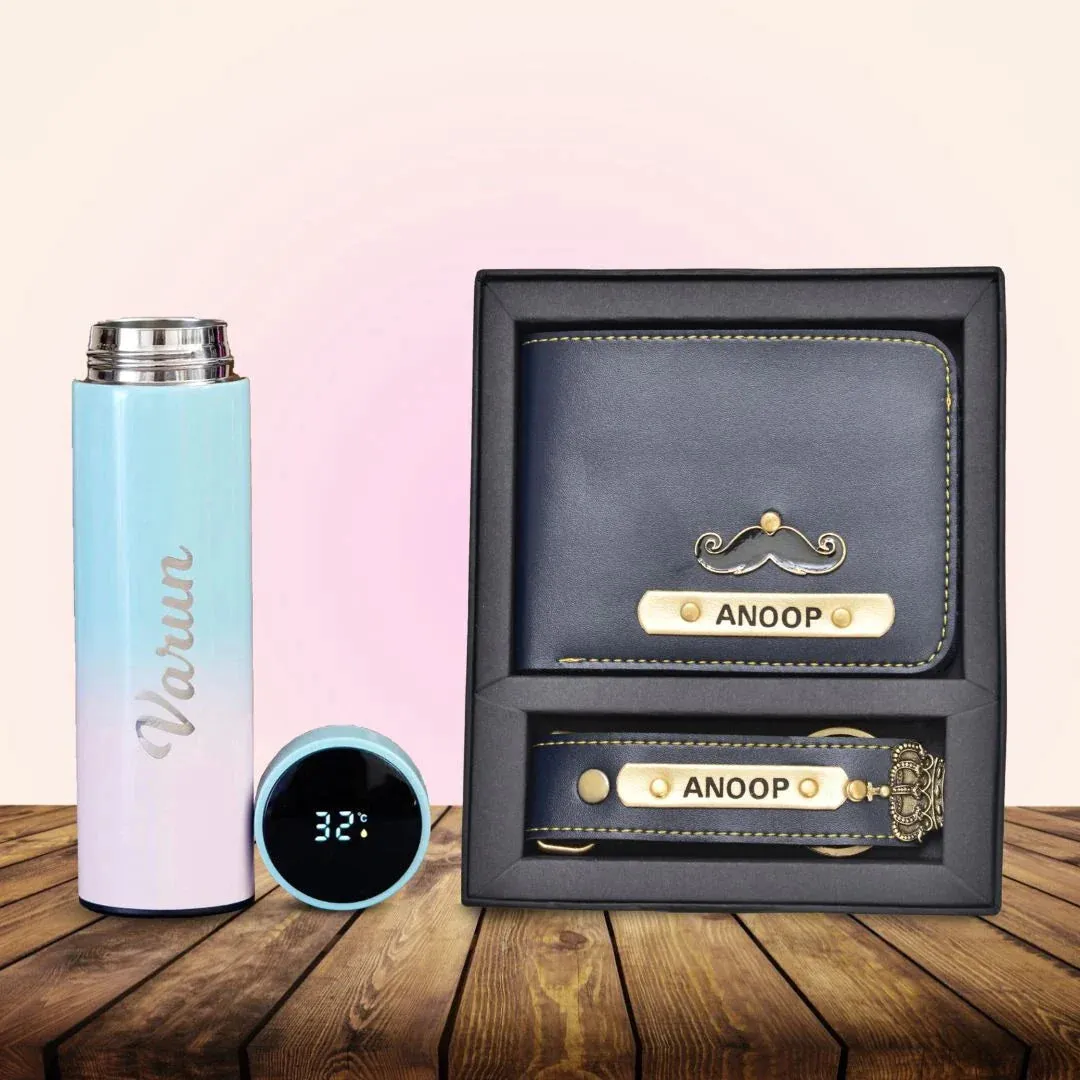 Personalised Pastel Temperature Display Bottle & All in One Men's Combo (2 pcs) - Royal Blue