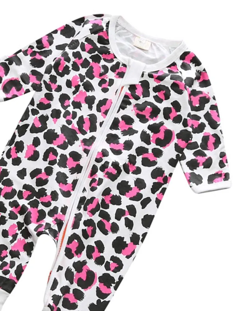 Pink Leopard - Baby Zip Sleepsuit with Turnover Hand & Feet Cuffs