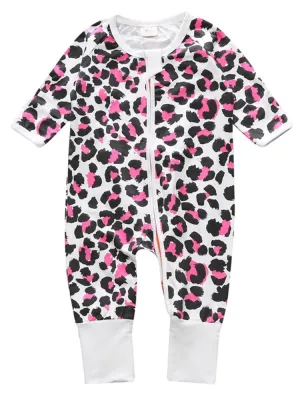 Pink Leopard - Baby Zip Sleepsuit with Turnover Hand & Feet Cuffs