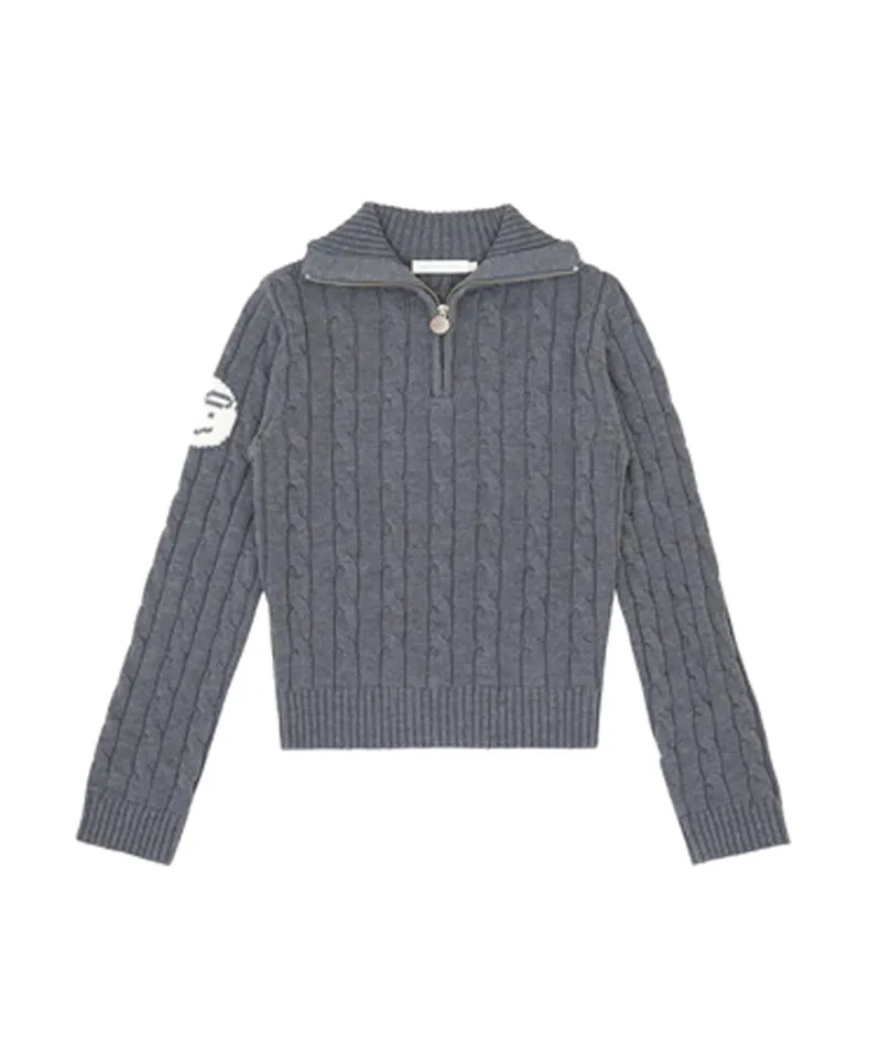 PIV'VEE Cable Knit Half Zip Wool Sweater - Heather Gray