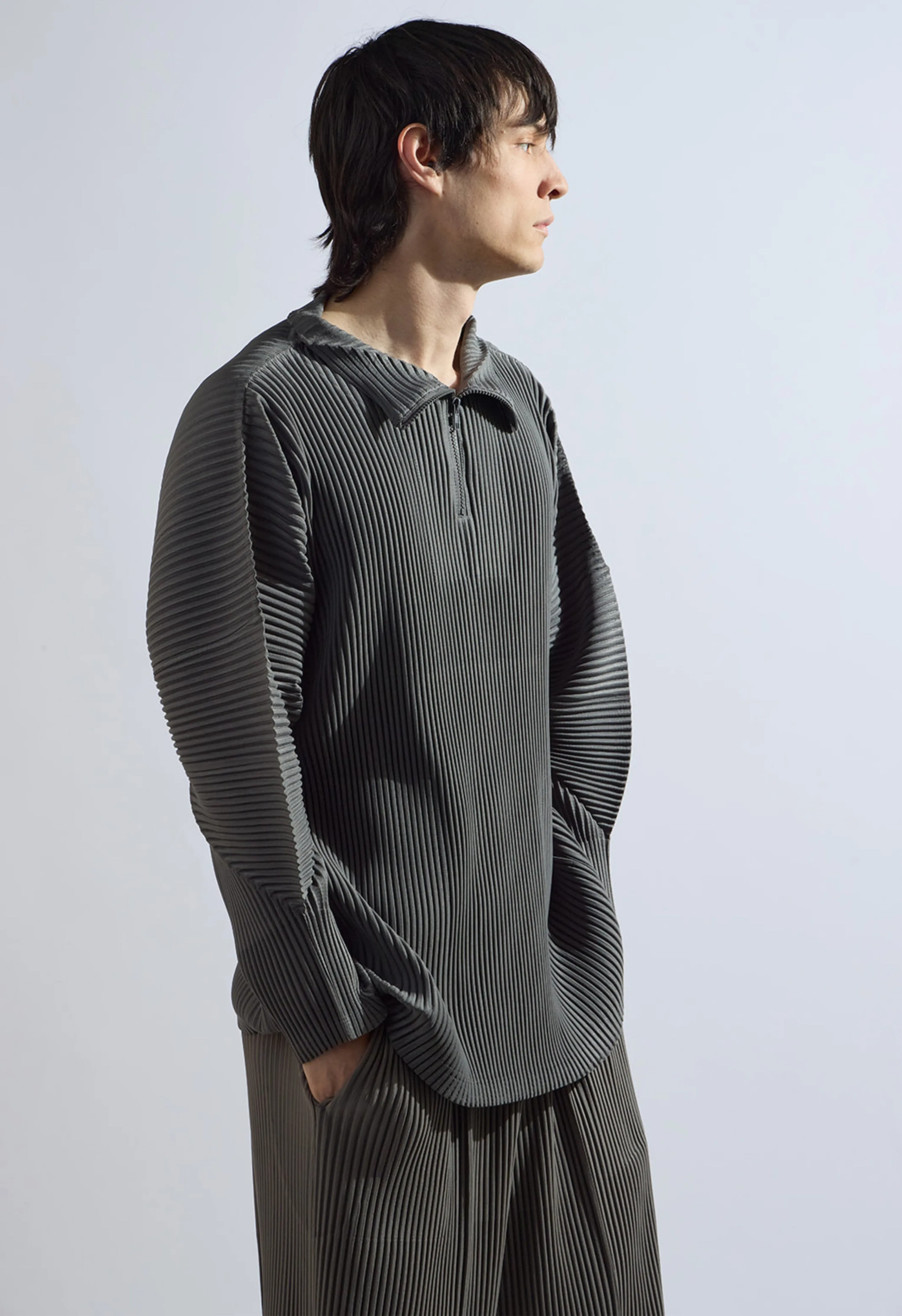 Pleated Zip Up Top in Grey