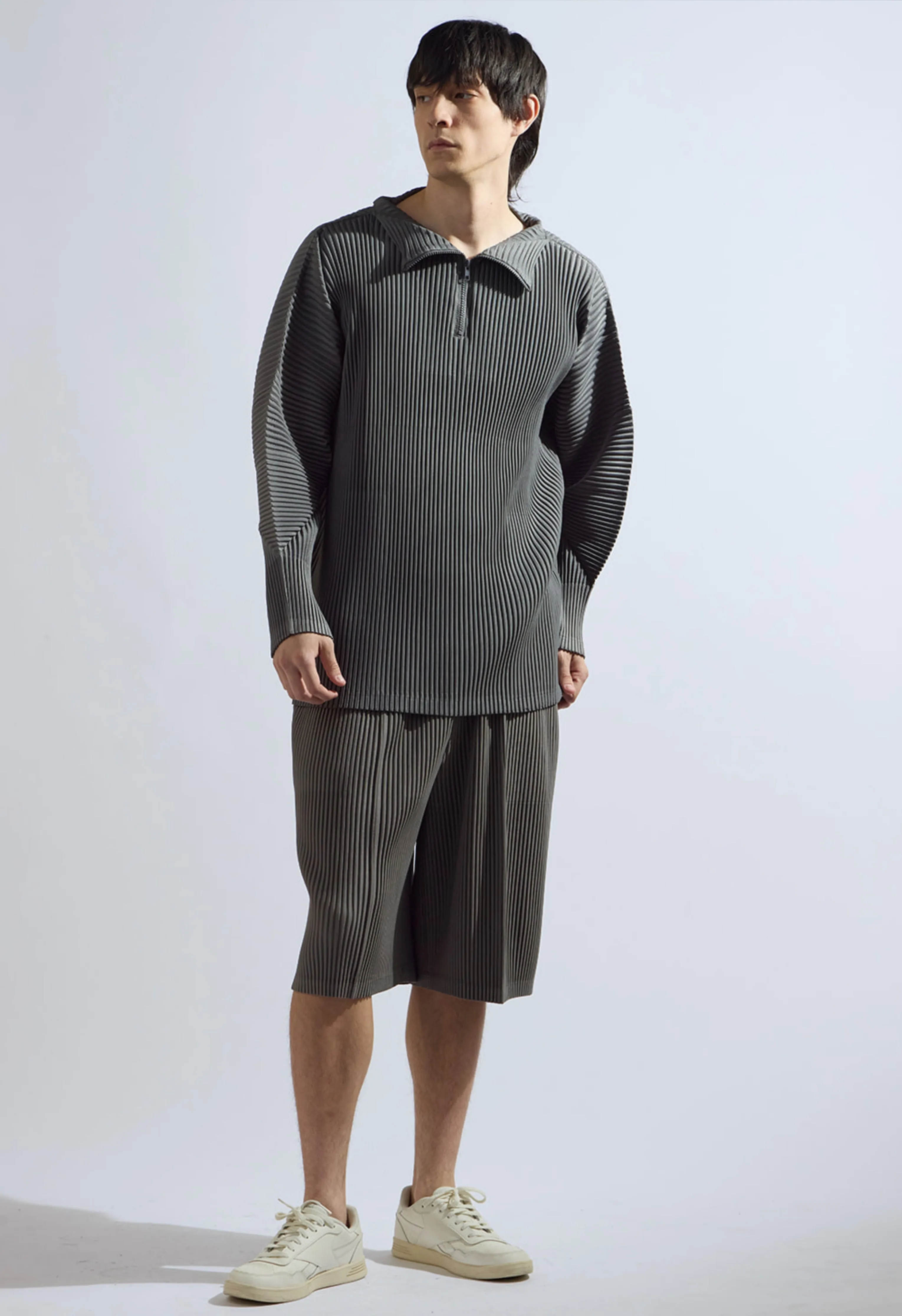 Pleated Zip Up Top in Grey