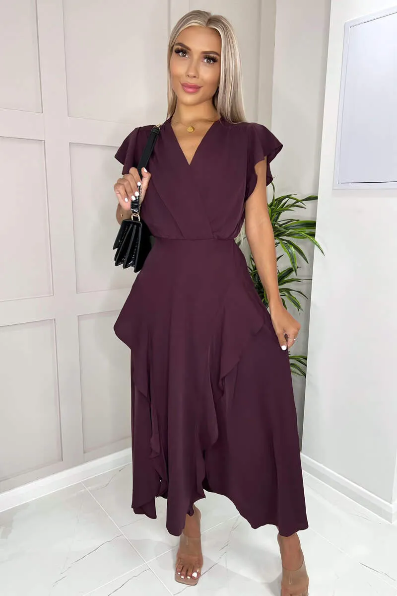 Plum Frill Detail Double Split Skirt Midi Dress