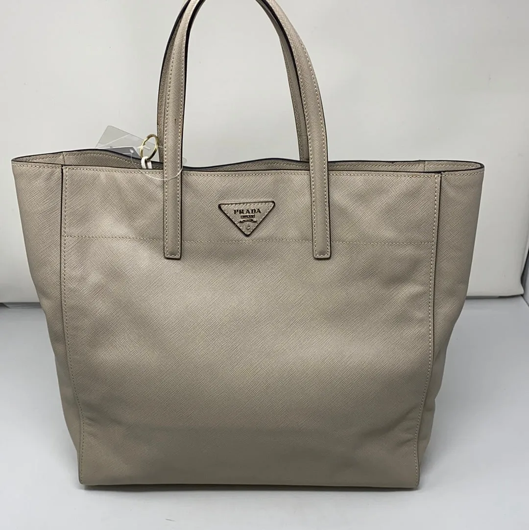 Prada Beige Saffiano Leather Top Handle Tote with Silver Hardware/Crossbody Strap