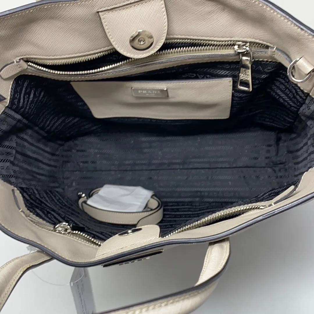 Prada Beige Saffiano Leather Top Handle Tote with Silver Hardware/Crossbody Strap