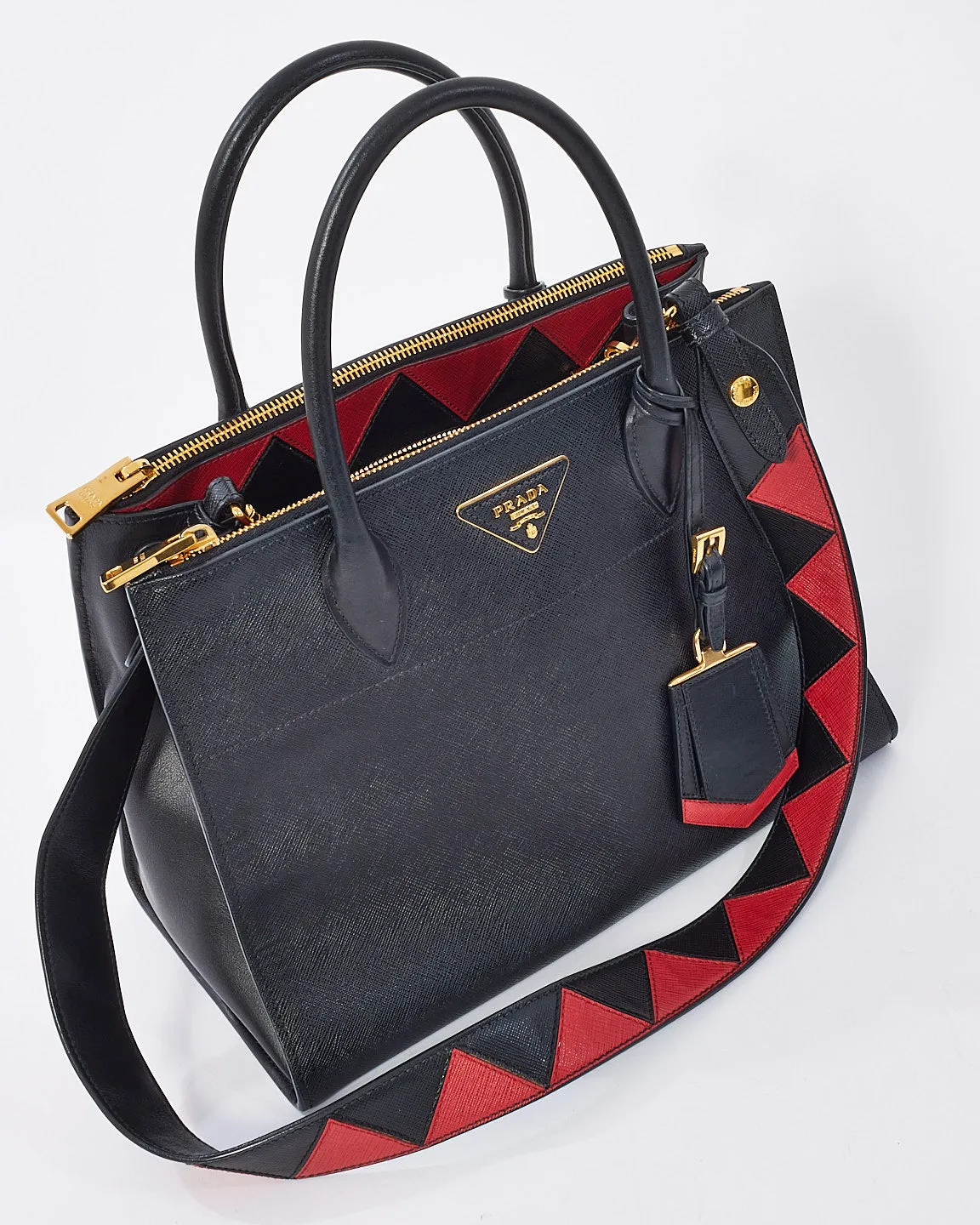 Prada Black & Red Saffiano Geometric-Strap Tote Bag