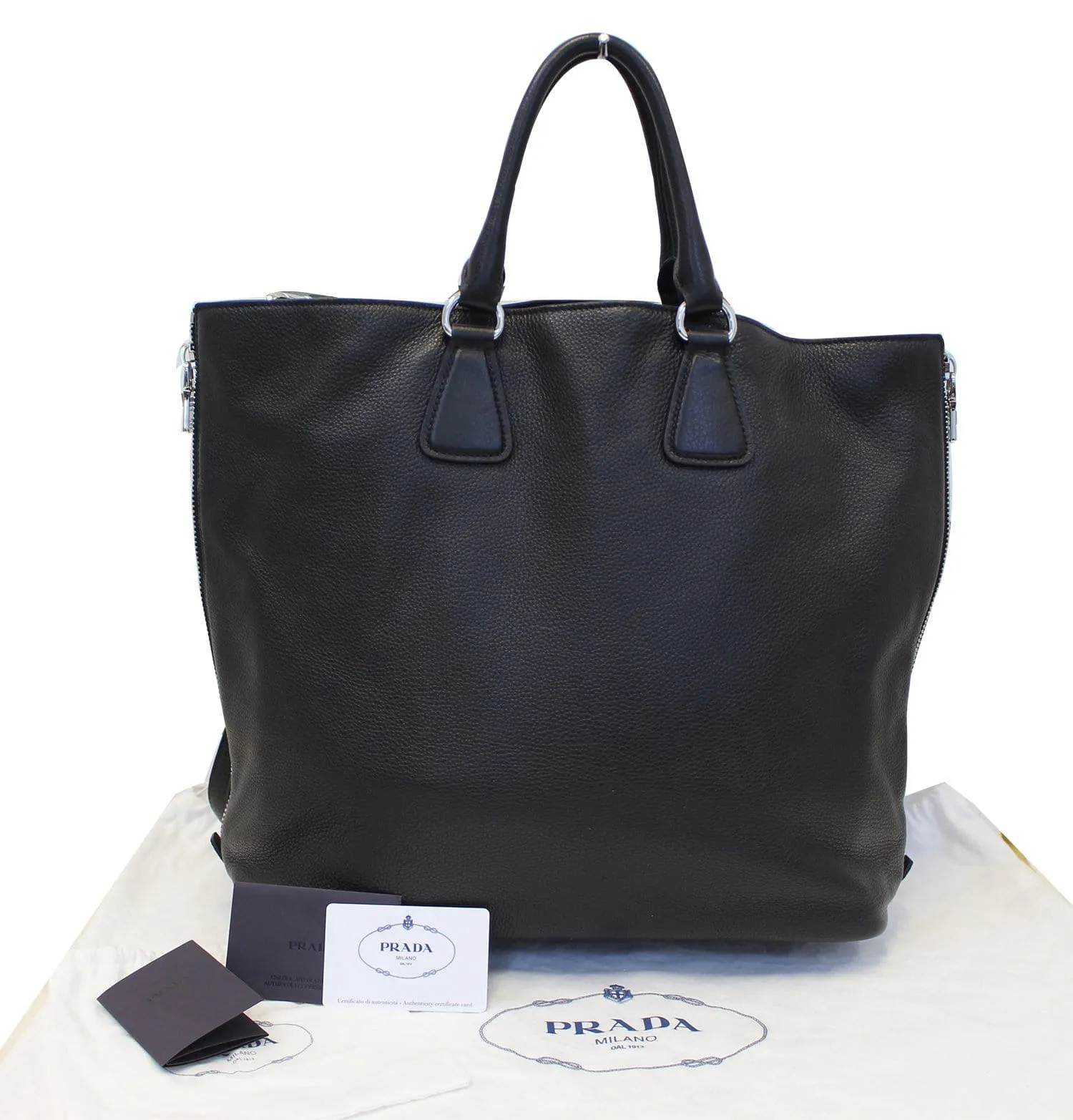PRADA Black Leather Vitello Phenix Convertible Shopping Tote Bag