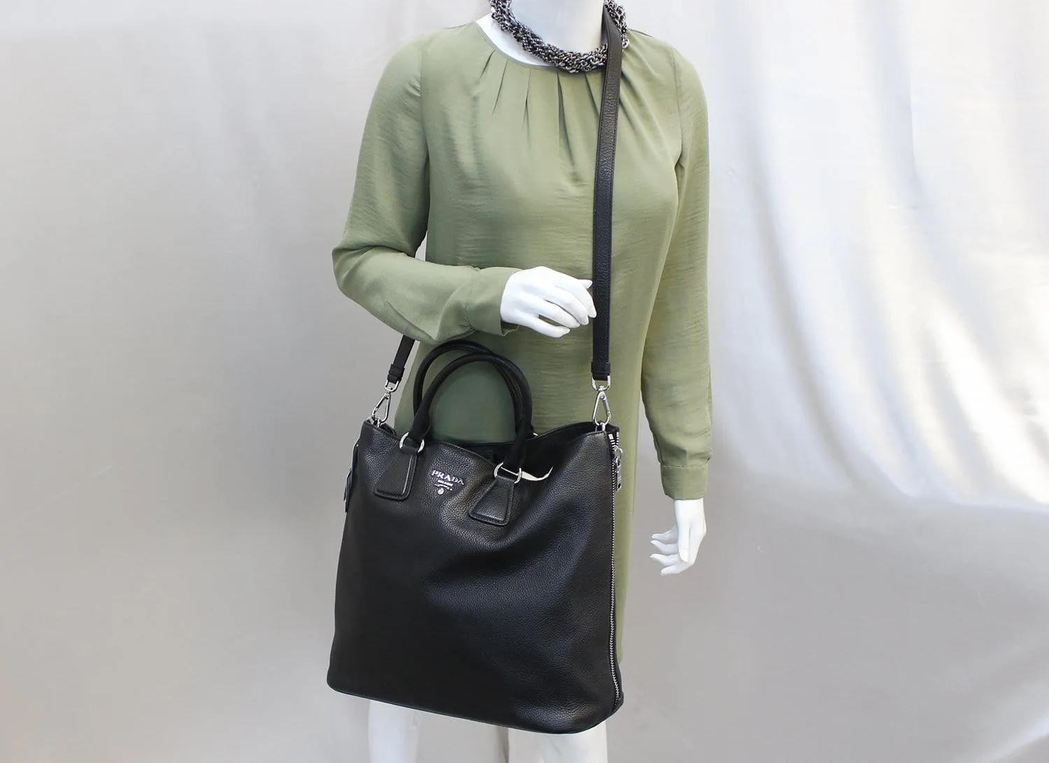 PRADA Black Leather Vitello Phenix Convertible Shopping Tote Bag