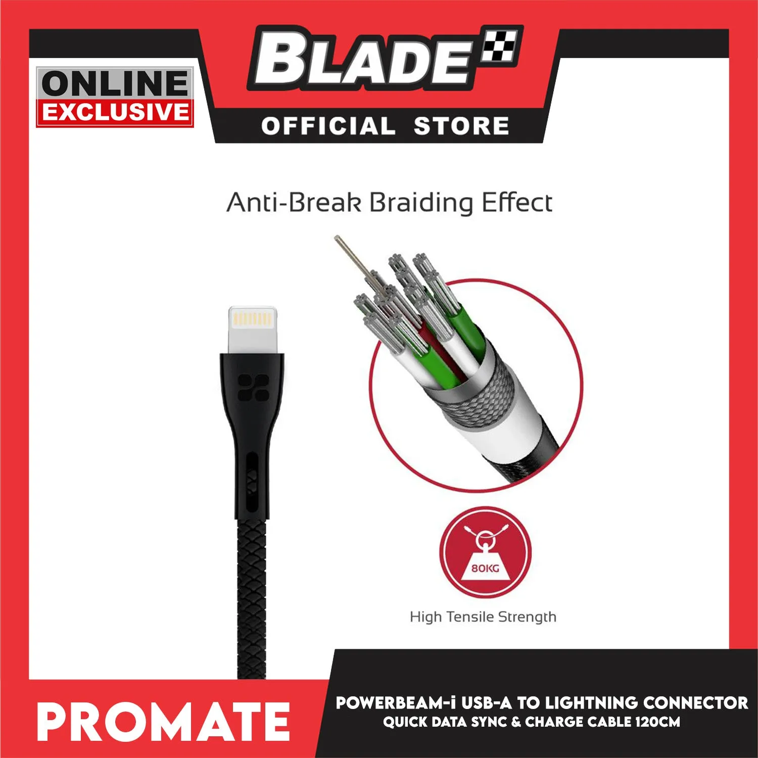 Promate 120cm Data and Charge USB-A to Lightning Connector PowerBeam-I (Black) High Tensile Strength