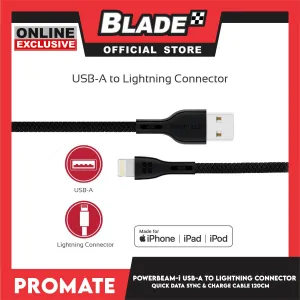 Promate 120cm Data and Charge USB-A to Lightning Connector PowerBeam-I (Black) High Tensile Strength