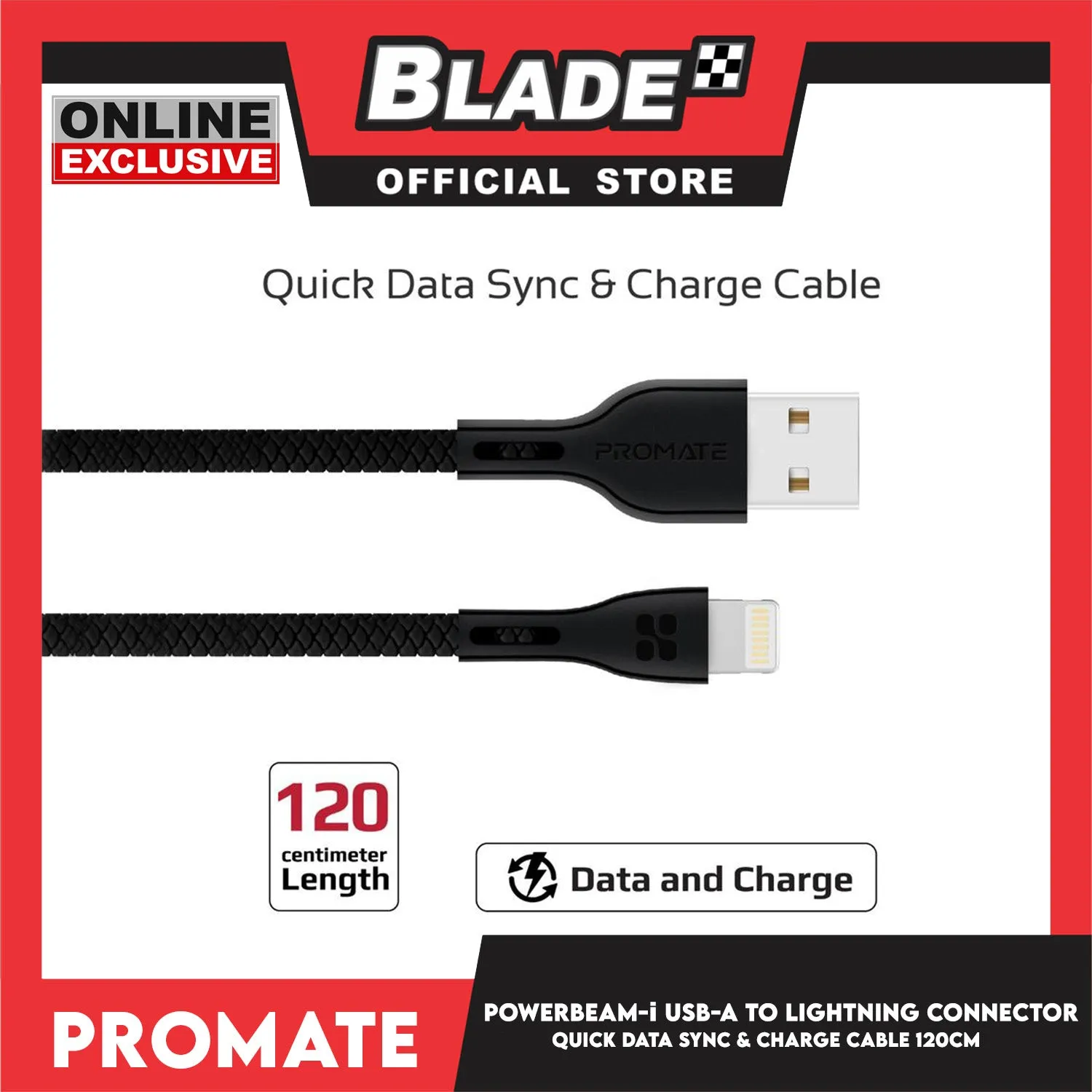 Promate 120cm Data and Charge USB-A to Lightning Connector PowerBeam-I (Black) High Tensile Strength