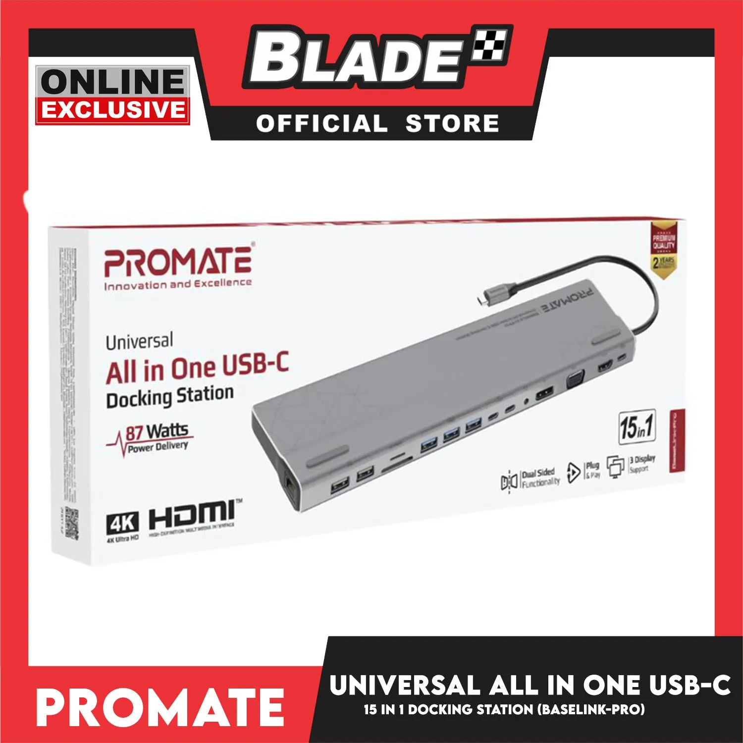 Promate Universal All in One USB-C Docking Station 87W BaseLink-Pro (Grey)