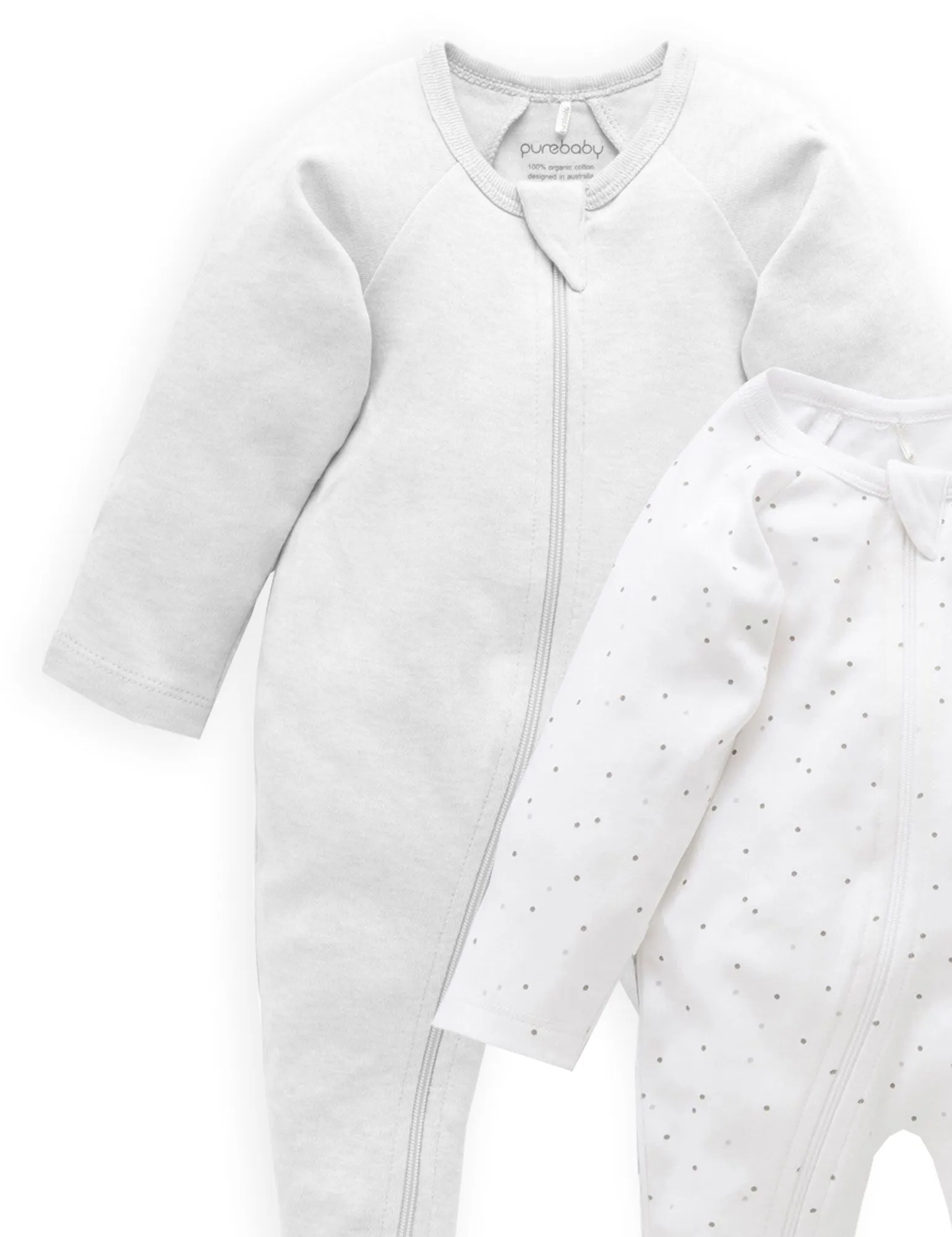 Purebaby Organic Zip Growsuit 2 Pack - Grey Spots & Grey Mélange
