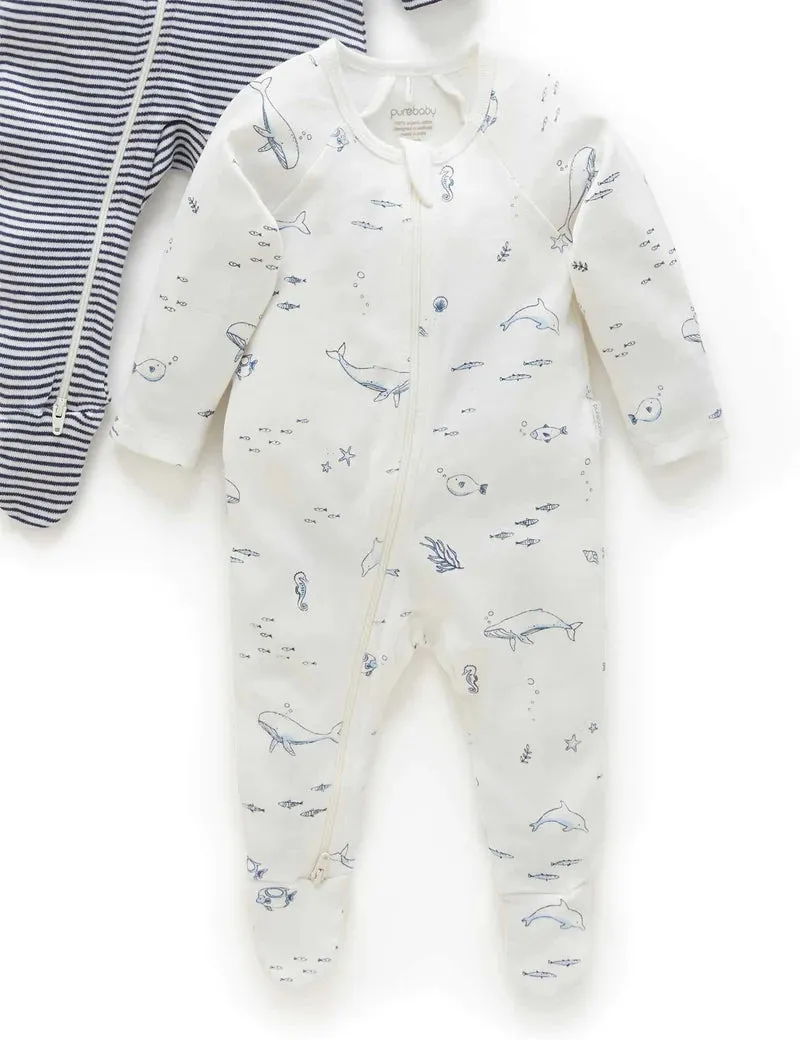 Purebaby Organic Zip Growsuit 2 Pack - Vanilla Nautical