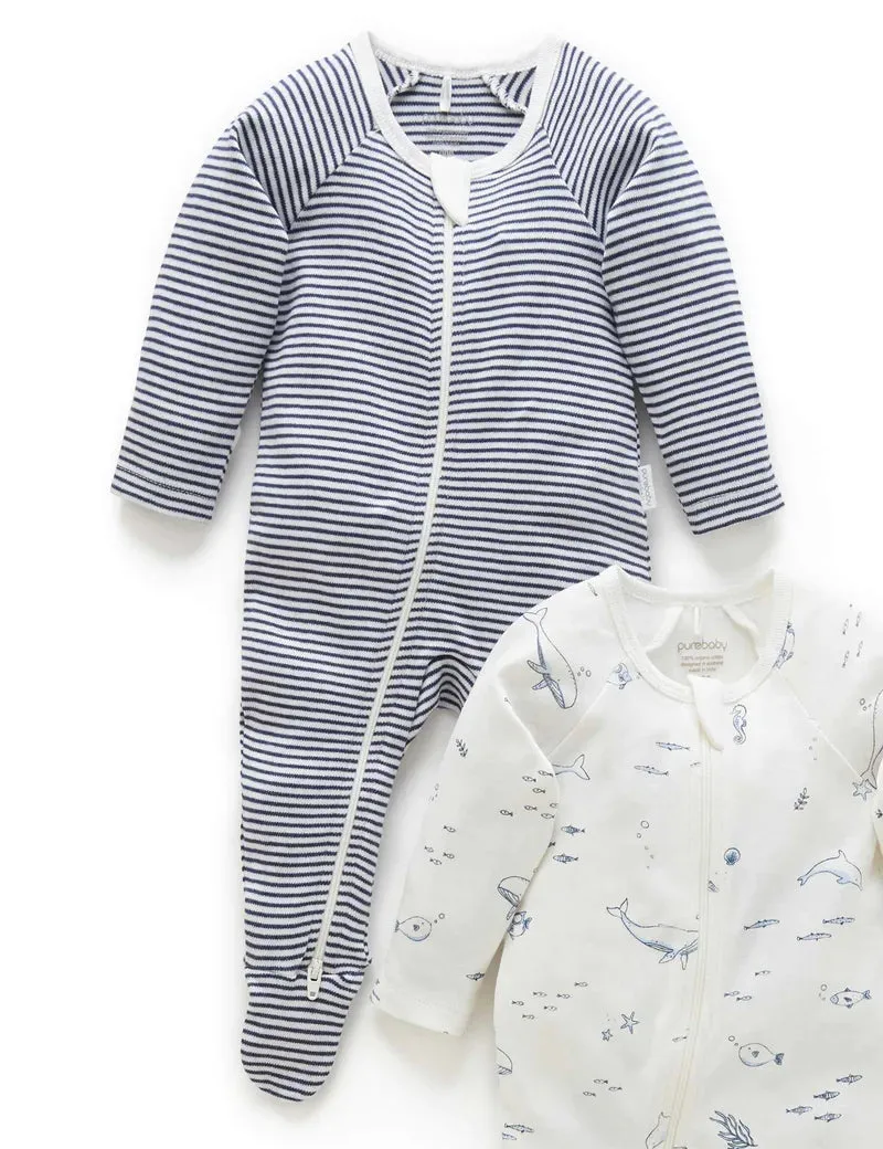 Purebaby Organic Zip Growsuit 2 Pack - Vanilla Nautical