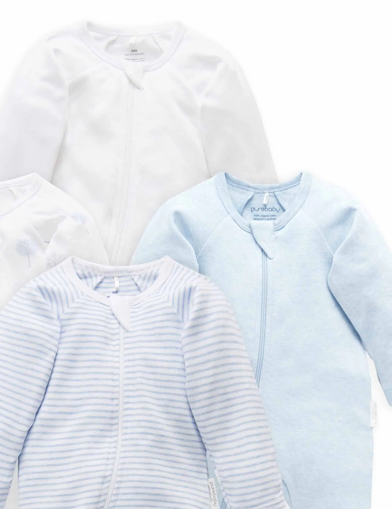 Purebaby Organic Zip Growsuit 4 Pack - Blue