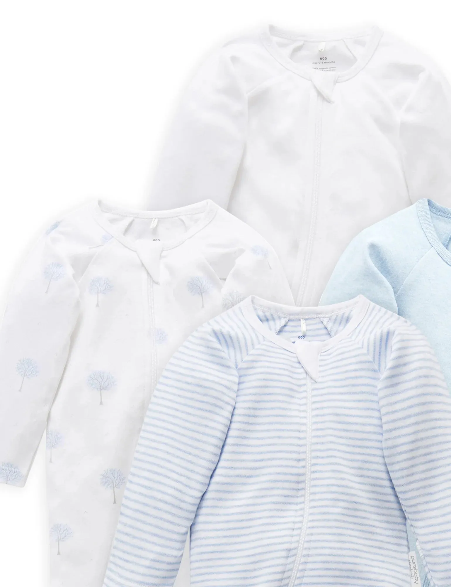 Purebaby Organic Zip Growsuit 4 Pack - Blue