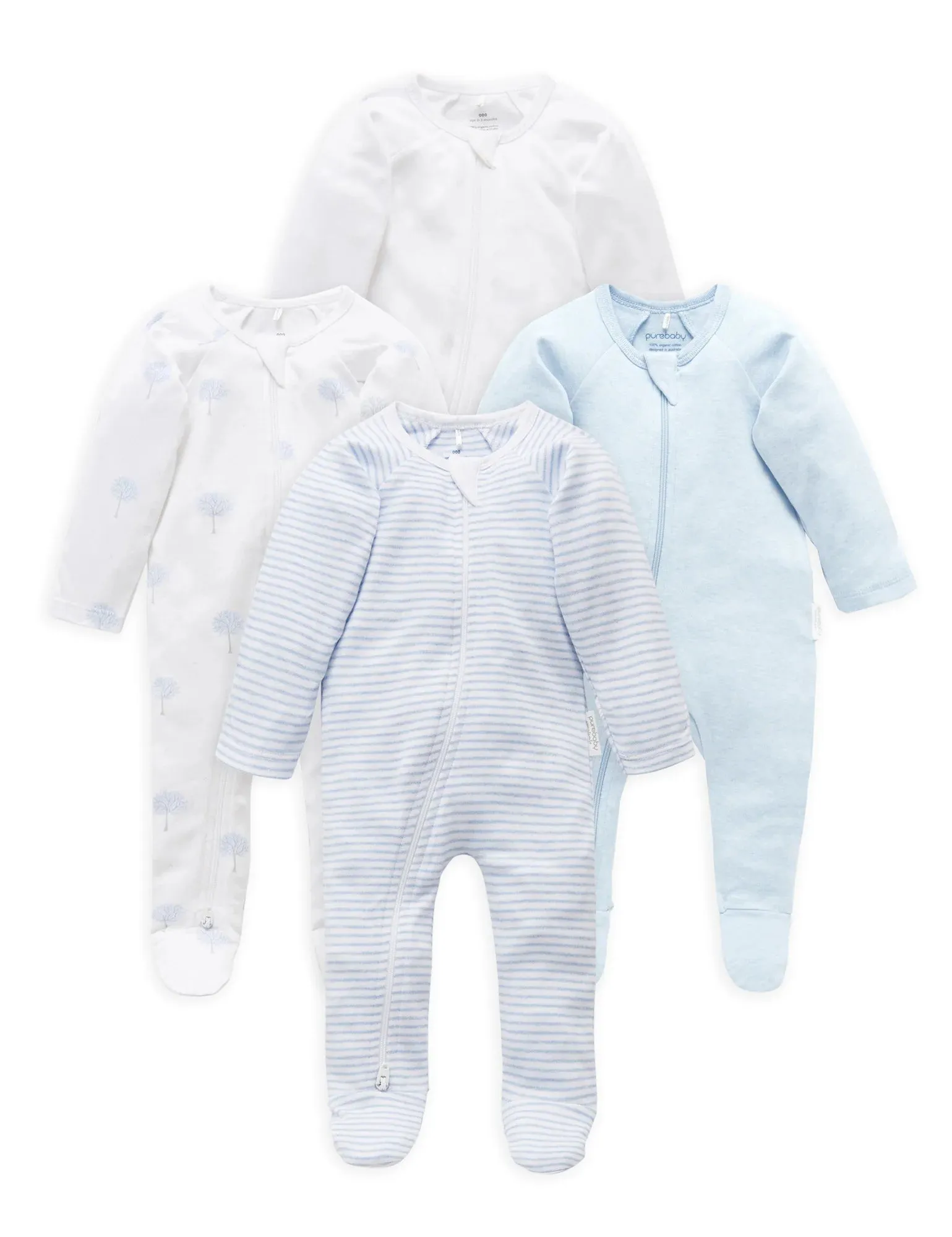 Purebaby Organic Zip Growsuit 4 Pack - Blue