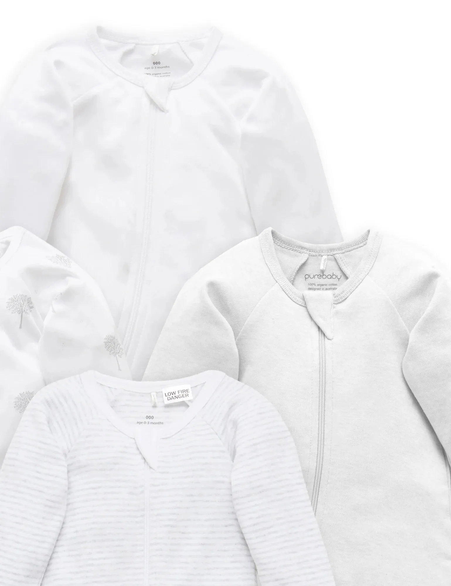 Purebaby Organic Zip Growsuit 4 Pack - Grey Melange