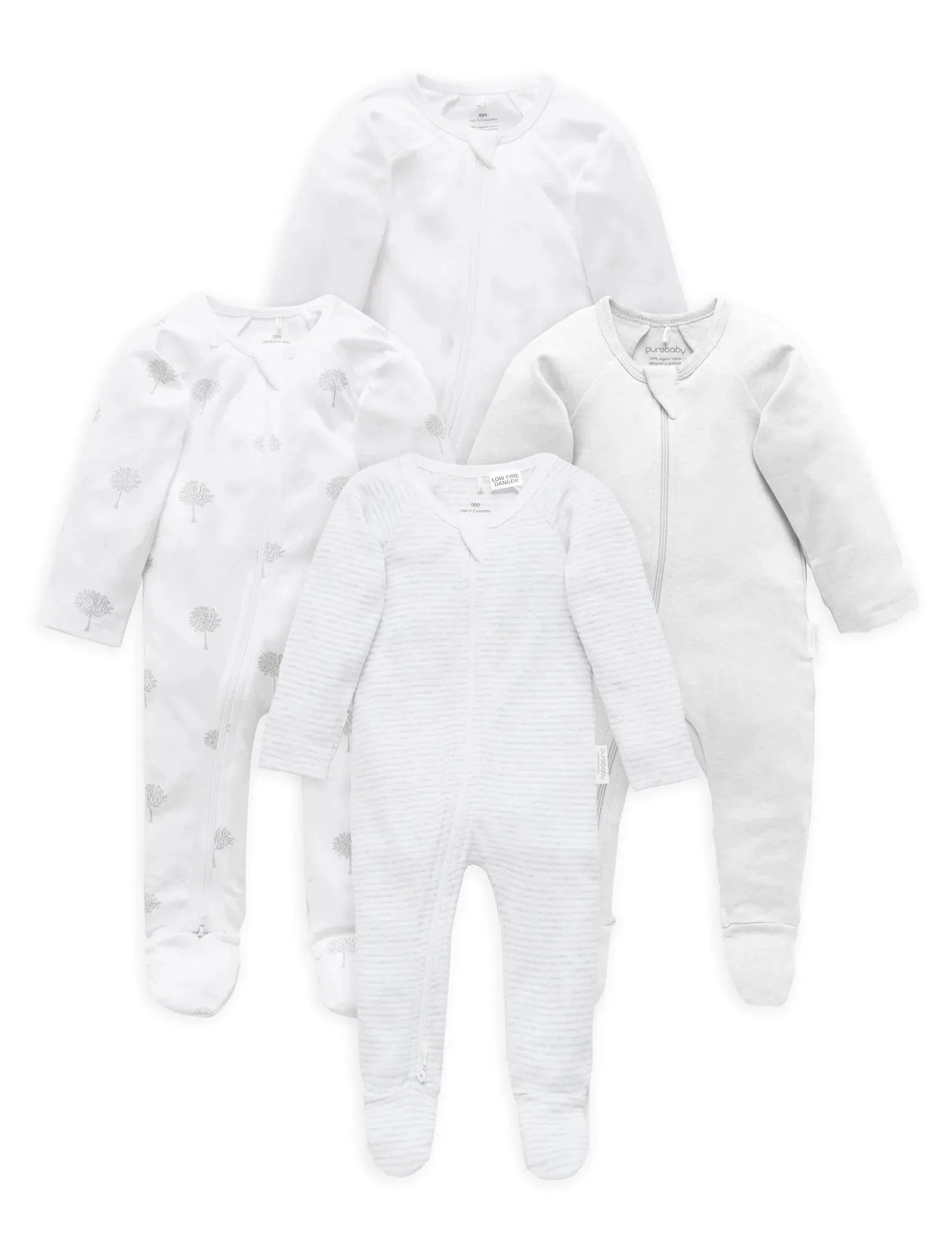 Purebaby Organic Zip Growsuit 4 Pack - Grey Melange