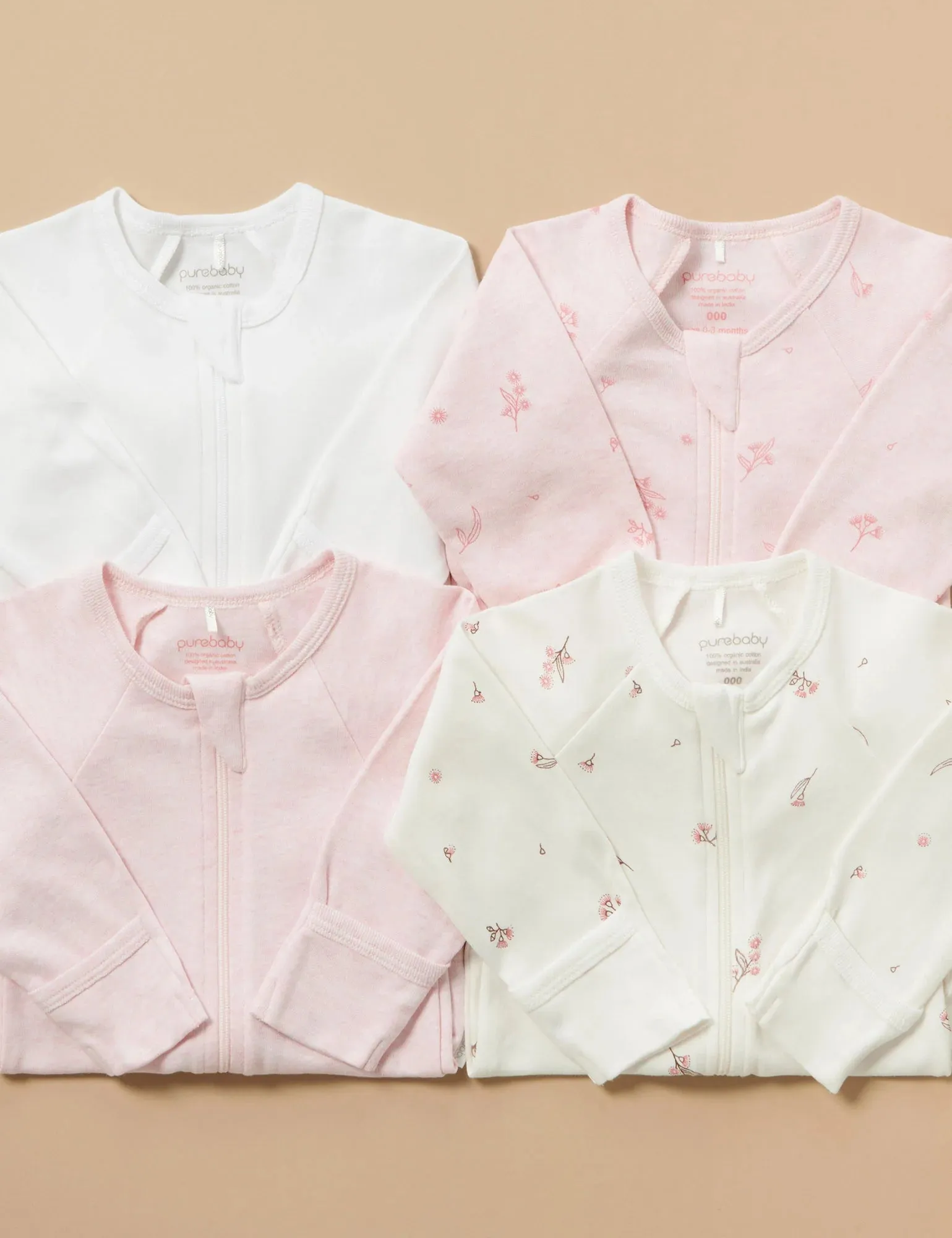 Purebaby Organic Zip Growsuit 4 Pack - Vanilla Blossom