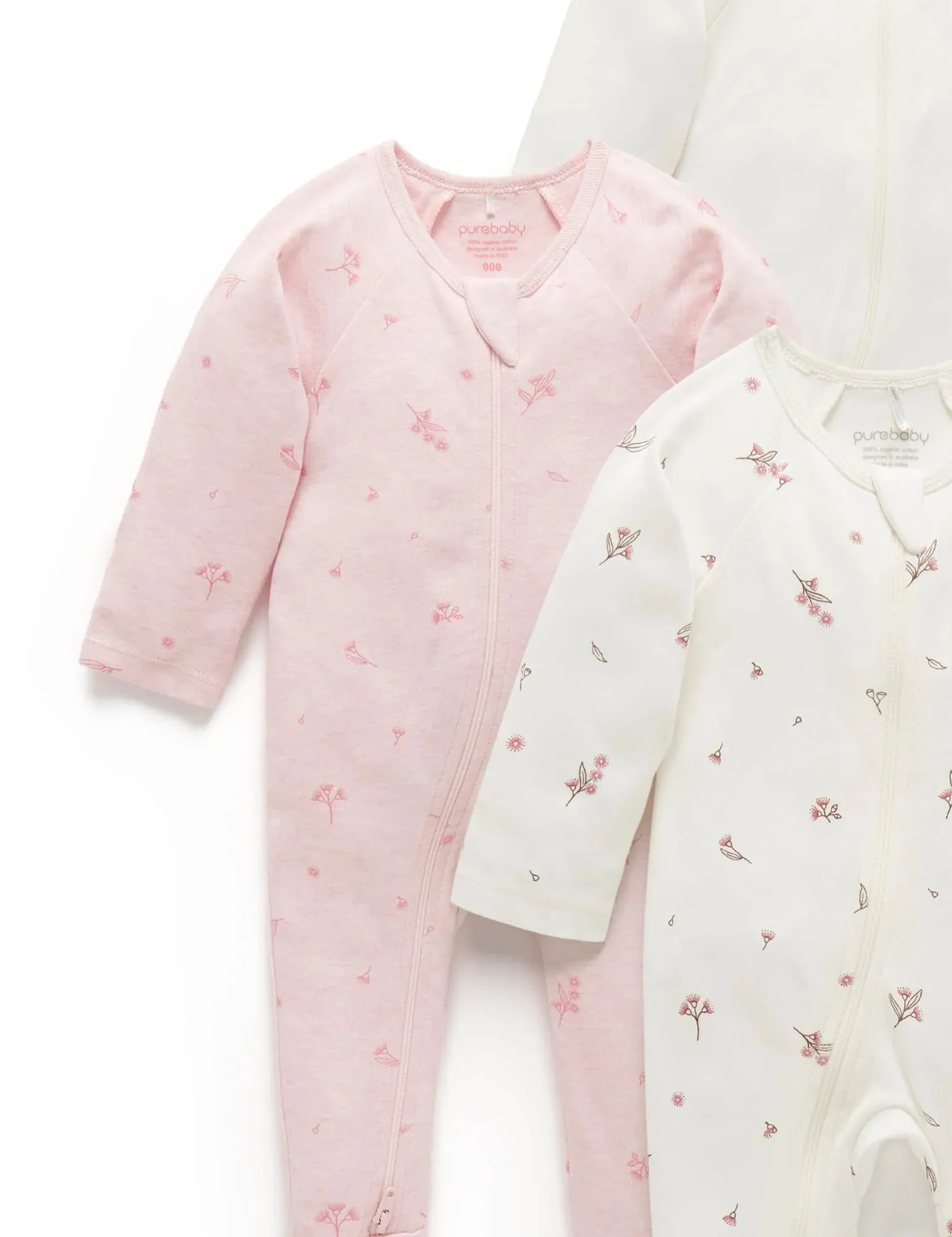 Purebaby Organic Zip Growsuit 4 Pack - Vanilla Blossom