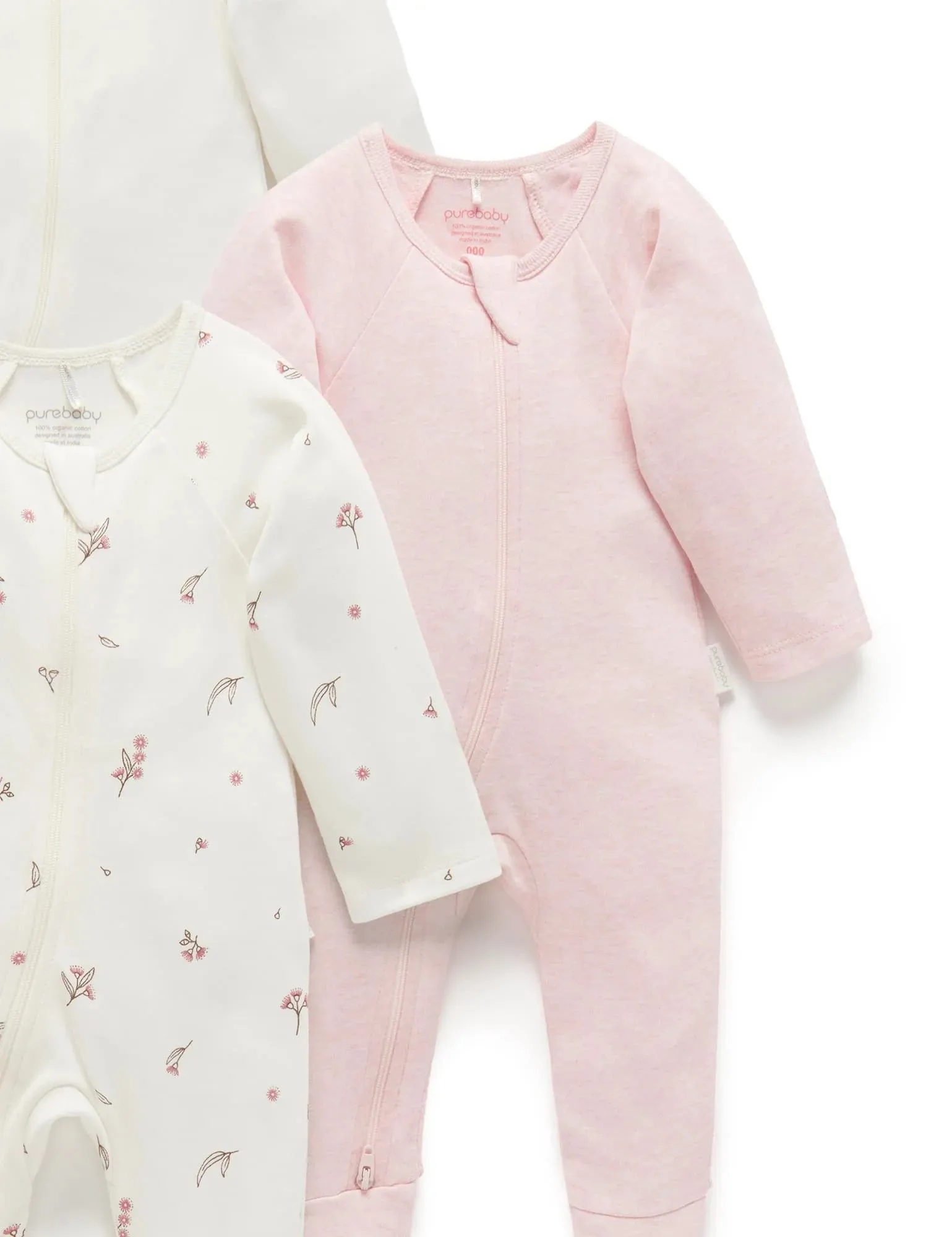 Purebaby Organic Zip Growsuit 4 Pack - Vanilla Blossom