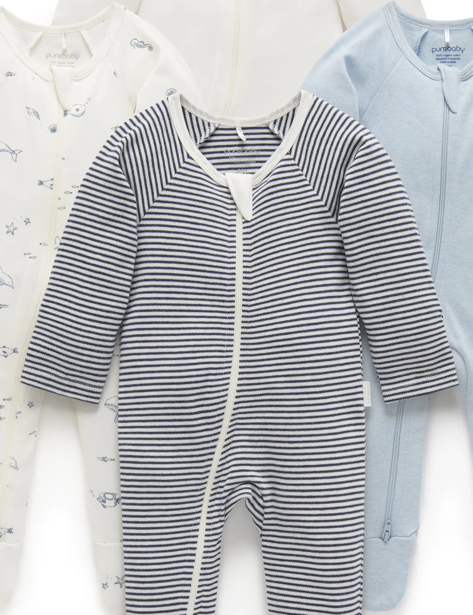 Purebaby Organic Zip Growsuit 4 Pack - Vanilla Nautical