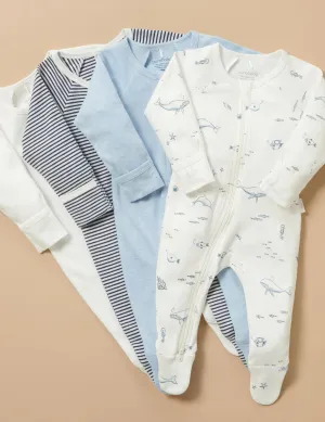 Purebaby Organic Zip Growsuit 4 Pack - Vanilla Nautical