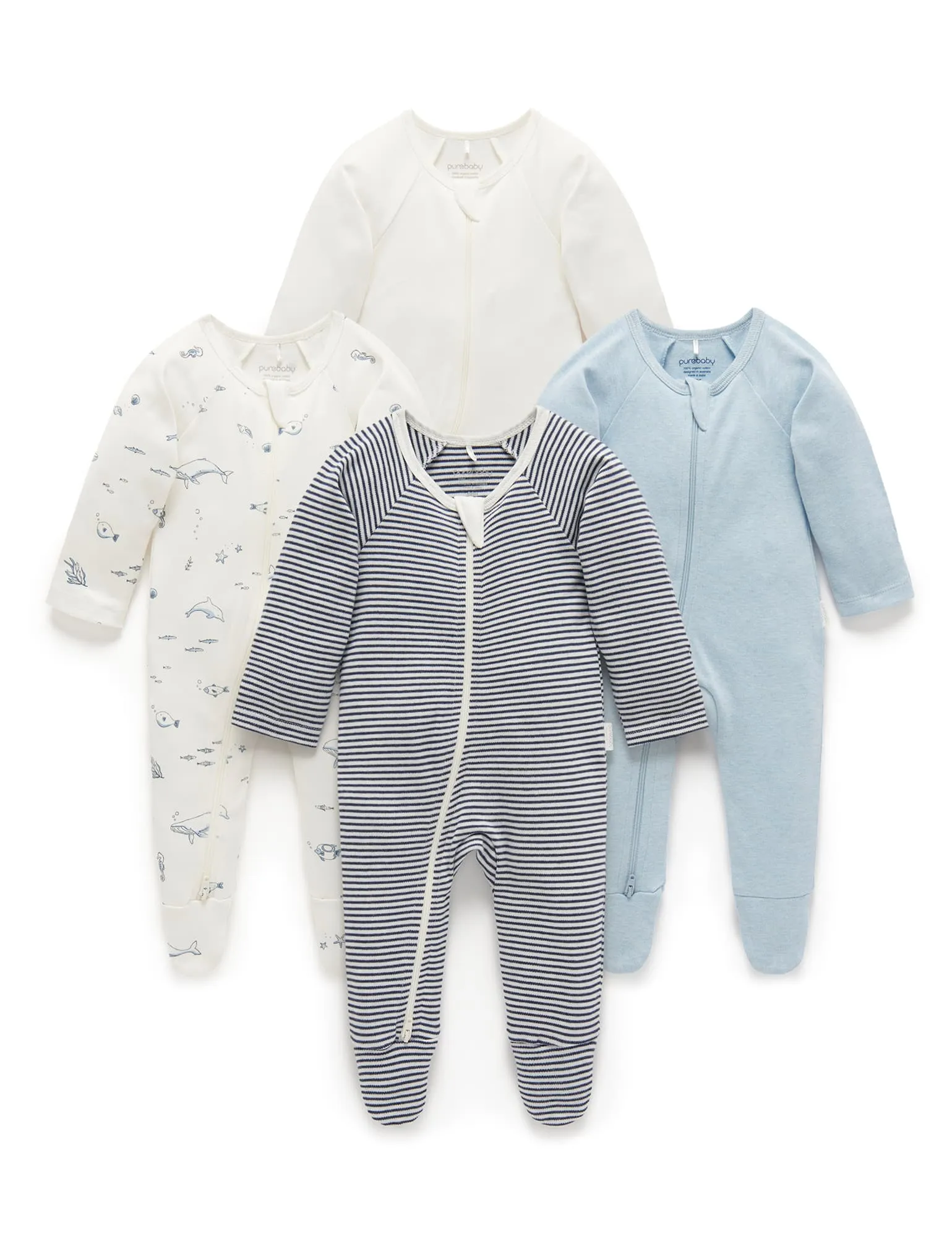 Purebaby Organic Zip Growsuit 4 Pack - Vanilla Nautical