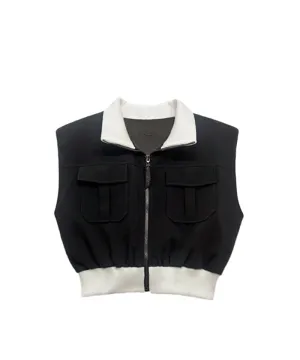 Q.C PLAY: Pintuck Pocket Shirring Zip-up  Vest - Black