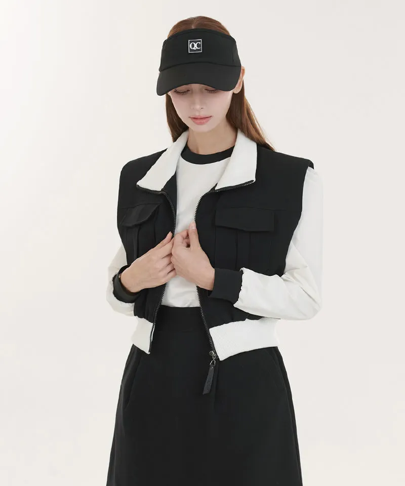 Q.C PLAY: Pintuck Pocket Shirring Zip-up  Vest - Black