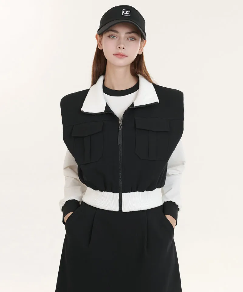 Q.C PLAY: Pintuck Pocket Shirring Zip-up  Vest - Black